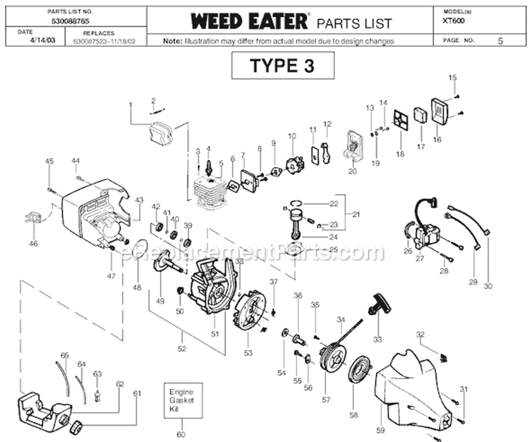Page E Diagram and Parts List for XT600 Type 6 Weed Eater Trimmer